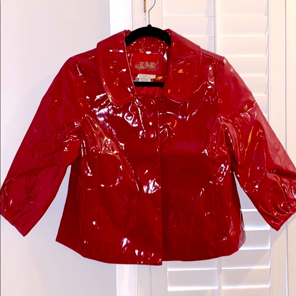 Live A Little red patent crop trench coat Y2K